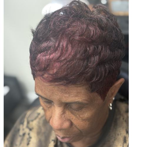 Plum-toned short pixie with finger waves
