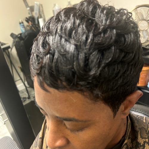 Black pixie with sculpted waves